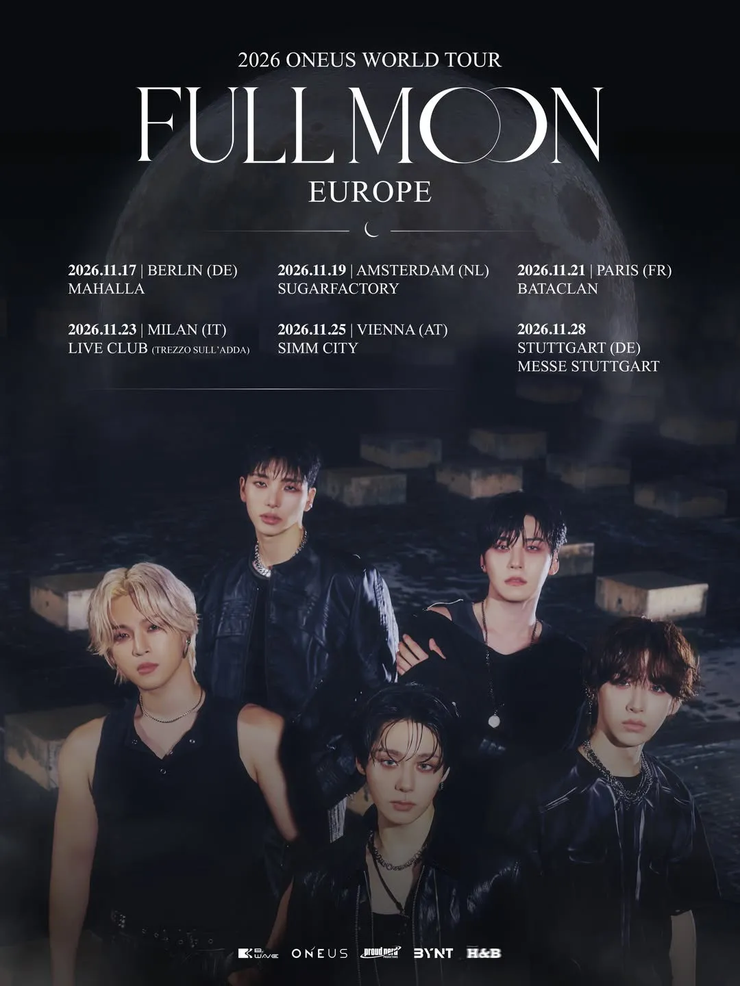 Affiche européenne de la 2026 ONEUS World Tour « Full Moon » avec les six dates