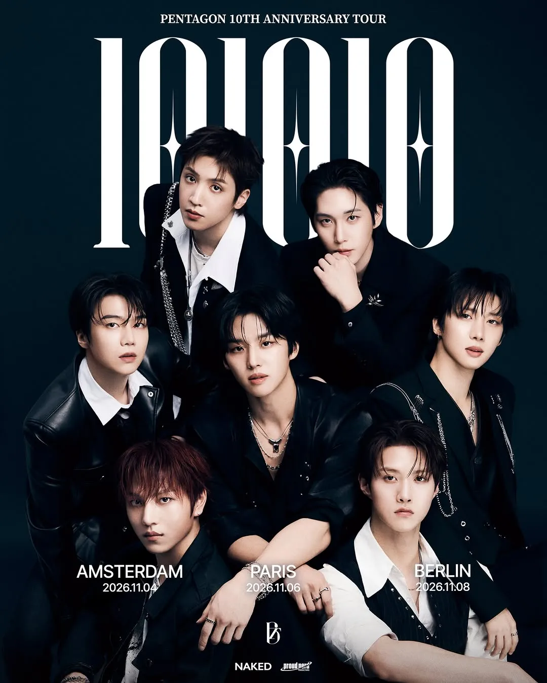 Affiche du PENTAGON 10th Anniversary Tour <101010> avec les dates à Amsterdam, Paris et Berlin